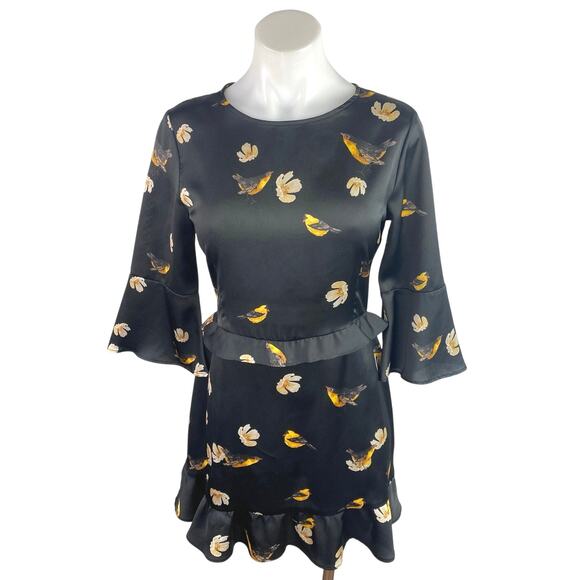 Zara Black Satin Floral Birds Print 3/4 Bell Sleeve Ruffle Mini A-Line Dress XS - Picture 1 of 5